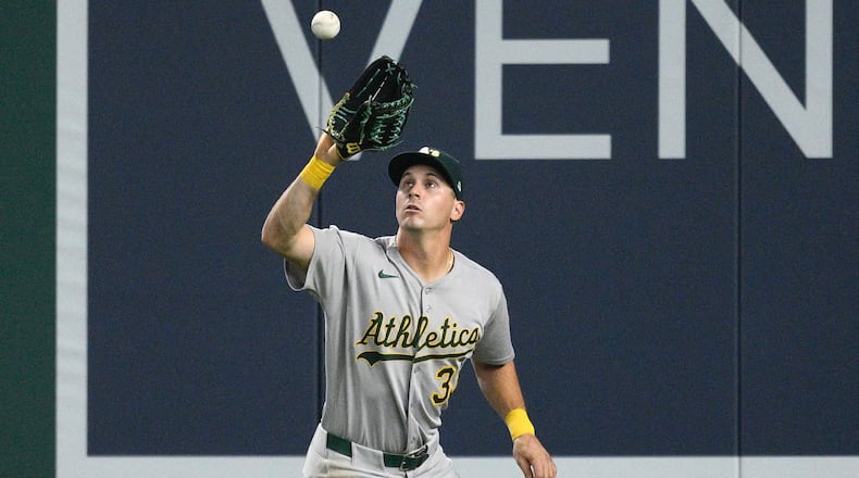 FILE - Athletics right fielder JJ Bleday (33) in action during a baseball game against the Washington Nationals, Wednesday, Aug. 6, 2025, in Washington. (AP Photo/Nick Wass, File)