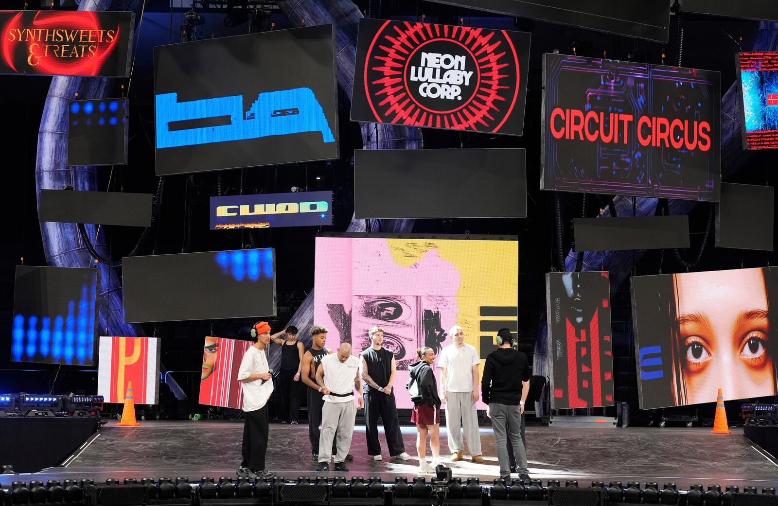Dancers and choreographers talk onstage during rehearsals for Katy Perry's "The Lifetimes Tour" at the Toyota Arena on Wednesday, April 9, 2025, in Ontario, Calif. (AP Photo/Chris Pizzello)