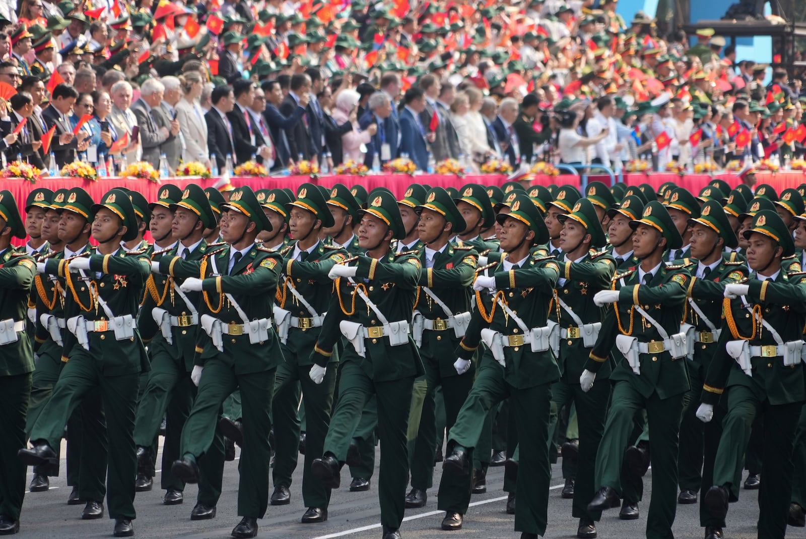 Vietnamese troops march during a parade to commemorate the 50th anniversary of the end of the Vietnam War in Ho Chi Minh City, Vietnam Wednesday, April 30, 2025. (AP Photo/Hau Dinh)