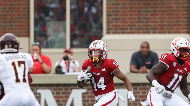 Miami's Jalen Walker looks for running room during a game vs. Central Michigan at Yager Stadium on Oct. 2, 2021. Miami University Athletics photo