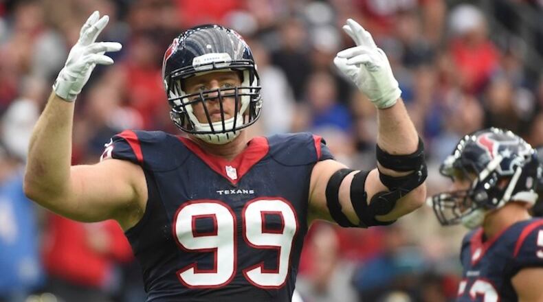 In this Jan. 3, 2016, file photo, Houston Texans defensive end J.J. Watt (99) gestures during the first half of an NFL football game against the Jacksonville Jaguars, in Houston. Many observers believe you can put a blanket over Houston, Tennessee and Indianapolis because their talent bases are that close. We demur. The Texans have a terrific defense that gets back the incomparable Watt and could be enough to overcome a mediocre offense with an unproven QB and suspect passing game. They are well coached and rarely beat themselves, until the playoffs, that is.(AP Photo/Eric Christian Smith, File)
