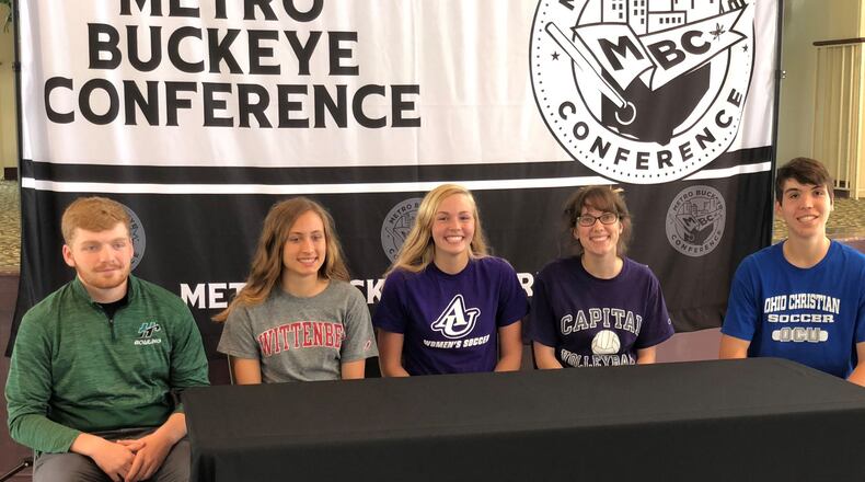 Dylan Herring (left, bowling, Huntington), Annalee Lynn (cross country, Wittenberg), Maggie Neddelroade (soccer, Asbury), Miranda Jordan (volleyball, Capital) and Caleb Wellman (soccer, Ohio Christian). CONTRIBUTED PHOTO