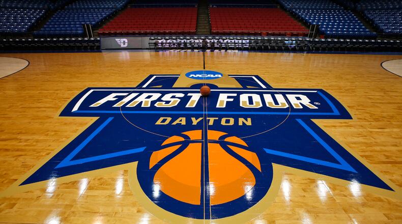 The floor, backbooards and hoops are ready for the NCAA First Four games a UD Arena in 2017. TY GREENLEES / STAFF