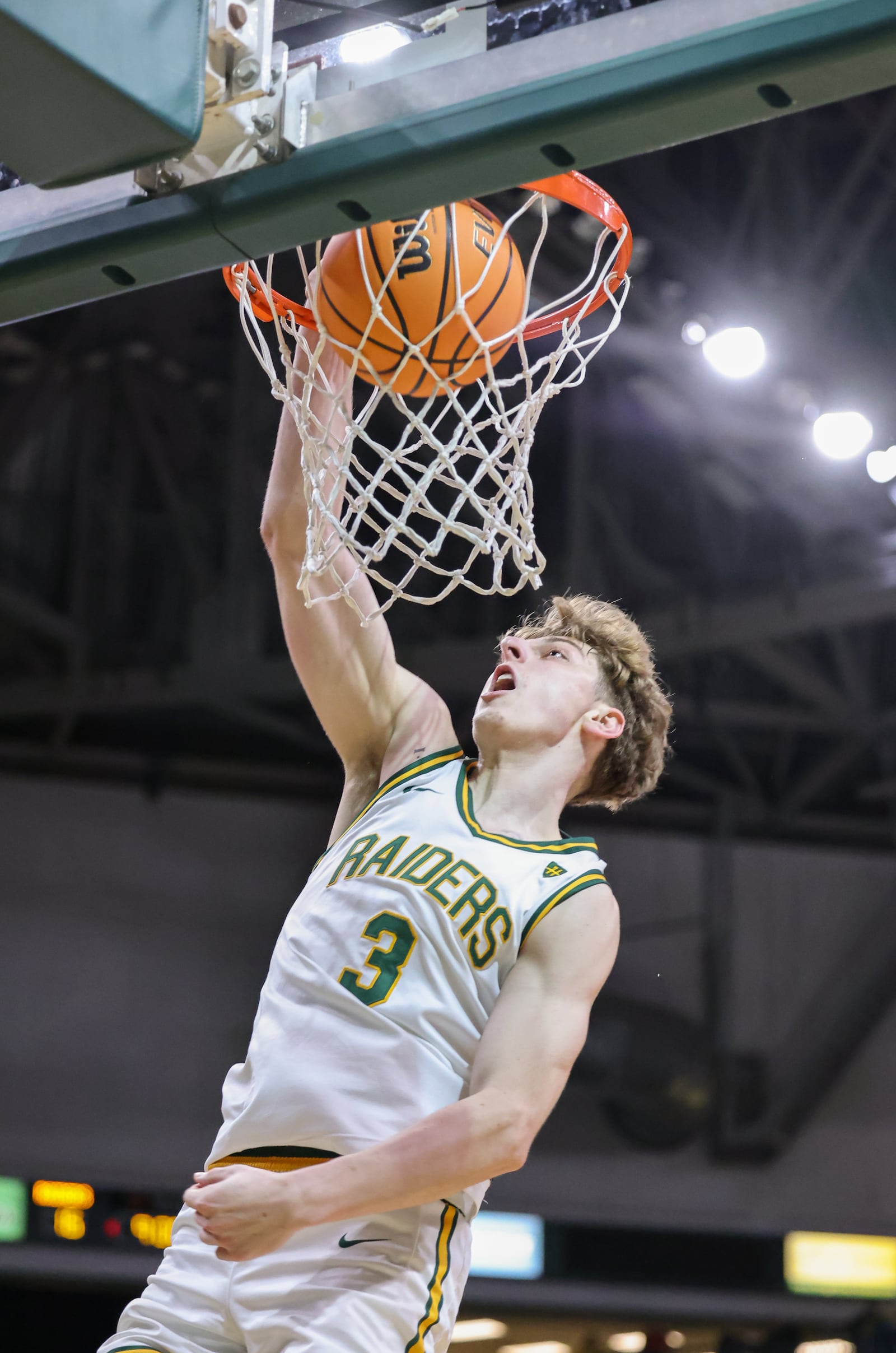 Wright State sophomore guard Dominic Pangonis dunks in the first half of a Horizon League Championship first-round game against Cleveland State on Wednesday, March 4 at Ervin J. Nutter Center in Fairborn. BRYANT BILLING / STAFF