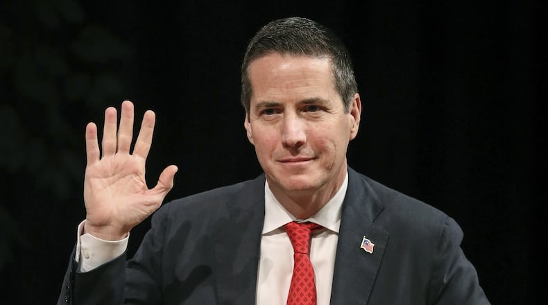 Ohio Republican U.S. Senate candidate Bernie Moreno speaks during a forum, Monday, Feb. 19, 2024, in the TLB Auditorium at the University of Findlay in Findlay, Ohio. (Jeremy Wadsworth/The Blade via AP)