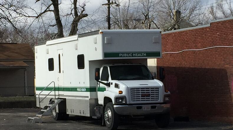 This Public Health truck stops once a week in Middletown as a place for addicts to exchange dirty needles for clean needles. The truck is parked next to building on Crawford Street. ED RICHTER/STAFF