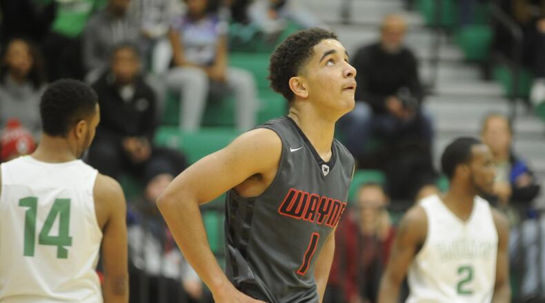 Wayne’s Deshon Parker hit the first but missed a second free throw with 1.8 seconds left in an 81-80 OT loss at Northmont on Friday, Jan. 6, 2017. MARC PENDLETON / STAFF