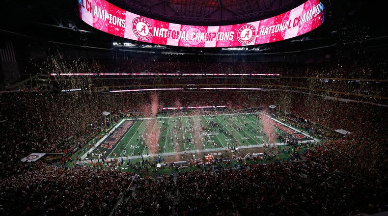 ATLANTA, GA - JANUARY 08:  A general view of the stadium as the Alabama Crimson Tide celebrates beating the Georgia Bulldogs in overtime and winning the CFP National Championship presented by AT&T at Mercedes-Benz Stadium on January 8, 2018 in Atlanta, Georgia. Alabama won 26-23.  (Photo by Mike Zarrilli/Getty Images)