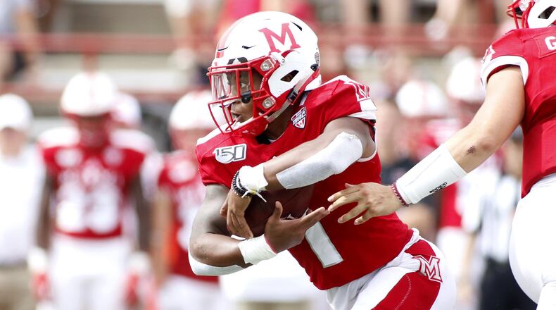 OXFORD, OHIO - SEPTEMBER 28: Jaylon Bester #1 of the Miami of Ohio Redhawks runs the ball in the game against the Buffalo Bulls during the first quarter at Yager Stadium on September 28, 2019 in Oxford, Ohio. (Photo by Justin Casterline/Getty Images)