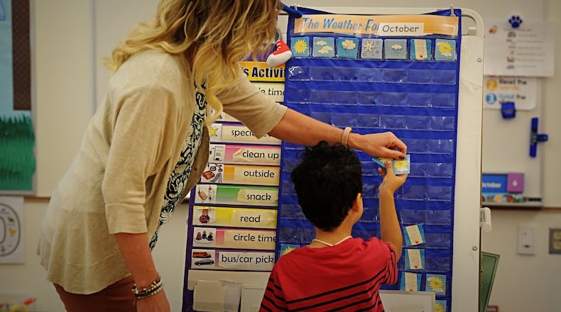 A Beavercreek teacher works with a preschool student Thursday, Oct. 8, 2020. The school district is asking voters to approve a substitute school levy in the ongoing election.