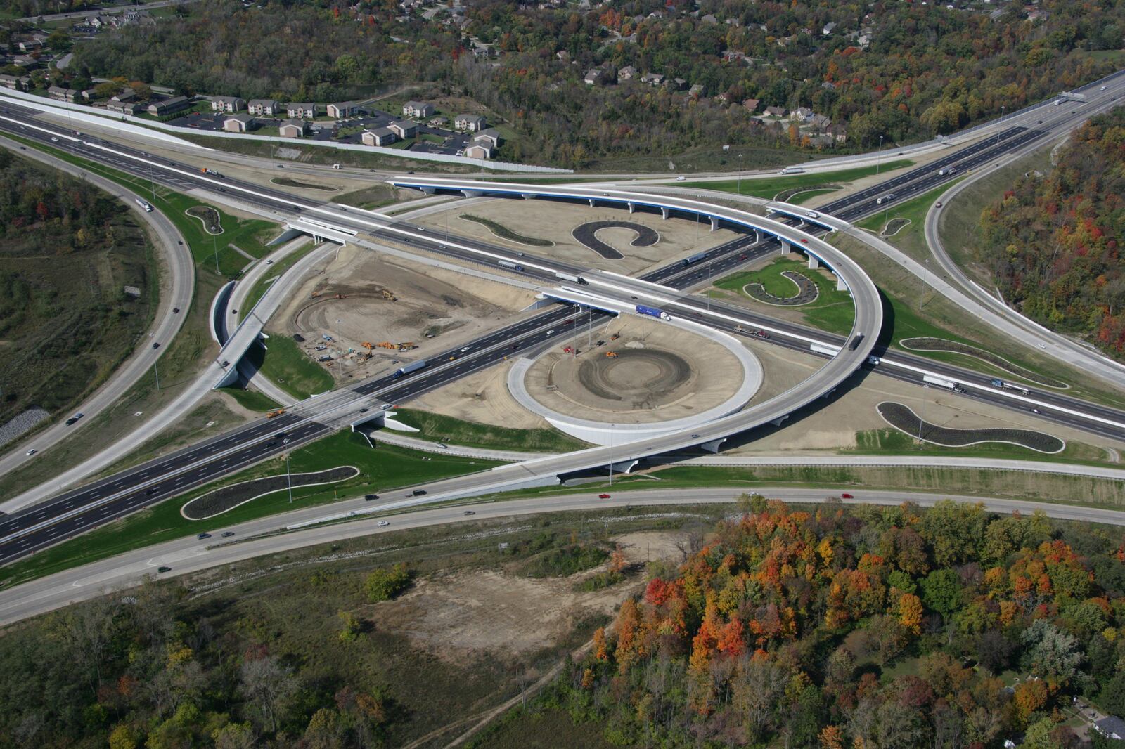 Aerial view of the I-70 and I-75 interchange in 2009.  This view is looking northwest.