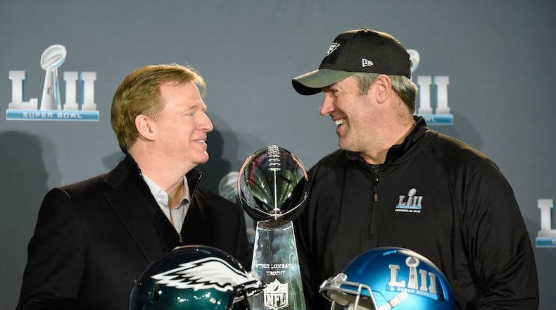 BLOOMINGTON, MN - FEBRUARY 05: NFL Commissioner Roger Goodell poses for a photo with head coach Doug Pederson of the Philadelphia Eagles and the Vince Lombardi Trophy during Super Bowl LII media availability on February 5, 2018 at Mall of America in Bloomington, Minnesota. The Philadelphia Eagles defeated the New England Patriots in Super Bowl LII 41-33 on February 4th. (Photo by Hannah Foslien/Getty Images)