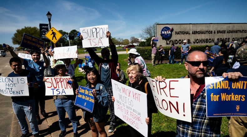 FILE — American Federation of Government Employees (AFGE) members and supporters rally outside NASA’s Johnson Space Center in Houston, March 17, 2025. The Supreme Court on April 8 blocked a ruling from a federal judge in California that had ordered the Trump administration to rehire thousands of fired federal workers who had been on probationary status. (Meridith Kohut/The New York Times)