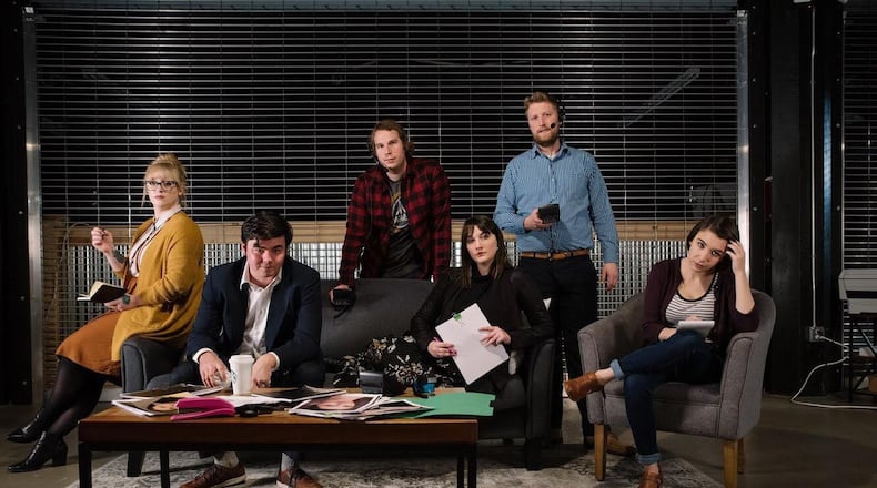 (left to right) Lindsay Sherman (Heather), A.J. Breslin (Vince), Chris Hahn (Nick), Rae Buchanan (Jenny), Timothy Moore (Justin), and Jenna Gomes de Gruy (Nora) appear in Playground Theatre’s local premiere of Leslye Headland’s workplace comedy ‘Assistance,” slated Feb. 21-24 at the PNC Arts Annex. CONTRIBUTED