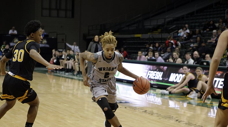 Wright State senior Antania Hayes (2) during Sunday’s game vs. Milwaukee at the Nutter Center. TIM ZECHAR/CONTRIBUTED