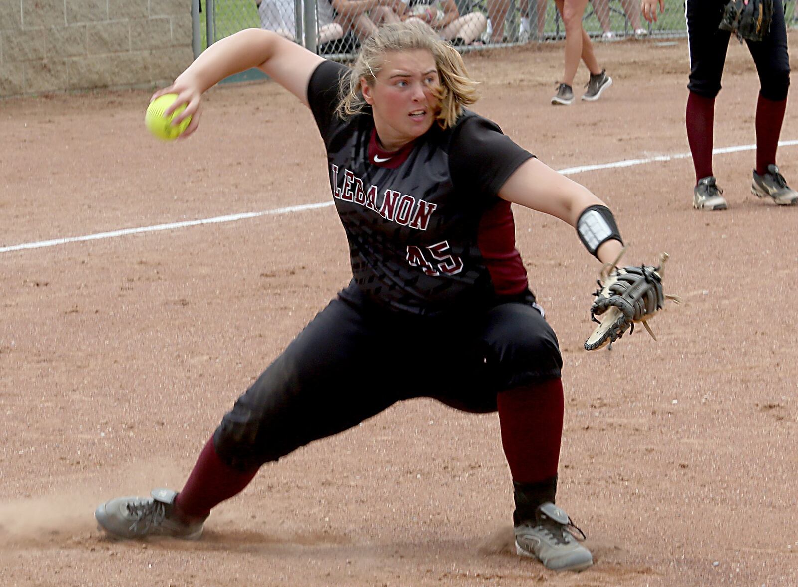 Lebanon first baseman Ashleigh Riffle fields a Mason bunt Sunday during a Division I regional final at Kings. CONTRIBUTED PHOTO BY E.L. HUBBARD