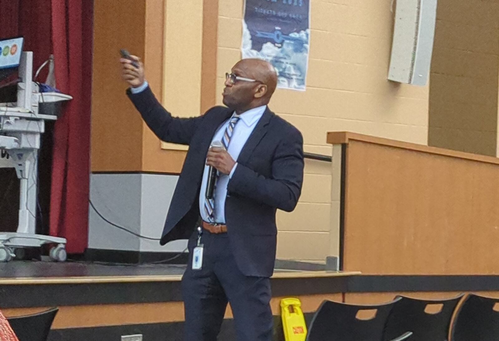Dayton Public Schools superintendent David Lawrence talks about proposed changes to Belmont High School on April 14, 2025. Those changes could include transitioning middle school students out of the high school and adding more career pathway opportunities for the older students. SAM WILDOW/STAFF