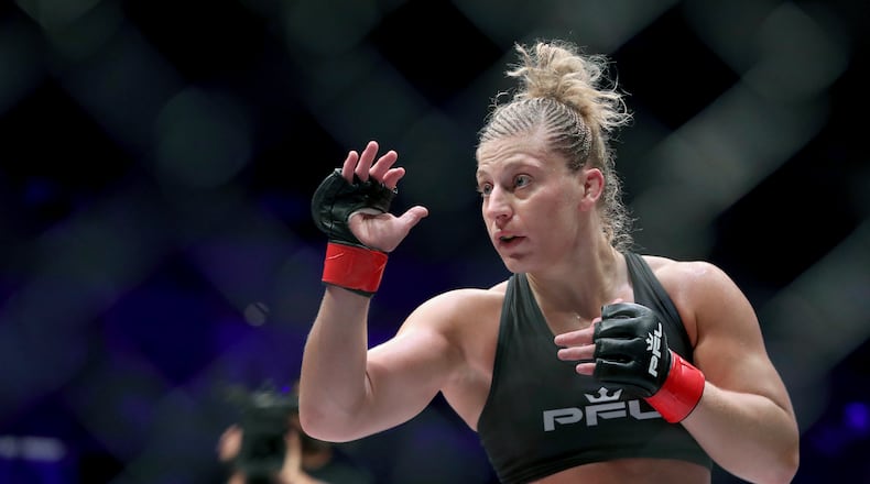 Kayla Harrison is shown during a Professional Fighters League bout against Larissa Pacheco at Nassau Coliseum in Uniondale, N.Y., Thursday, May 9, 2019. Harrison is a two-time $1 million prize champion in the Professional Fighters League lightweight championship. She has re-signed with he PFL. (AP Photo/Greg Payan, File)