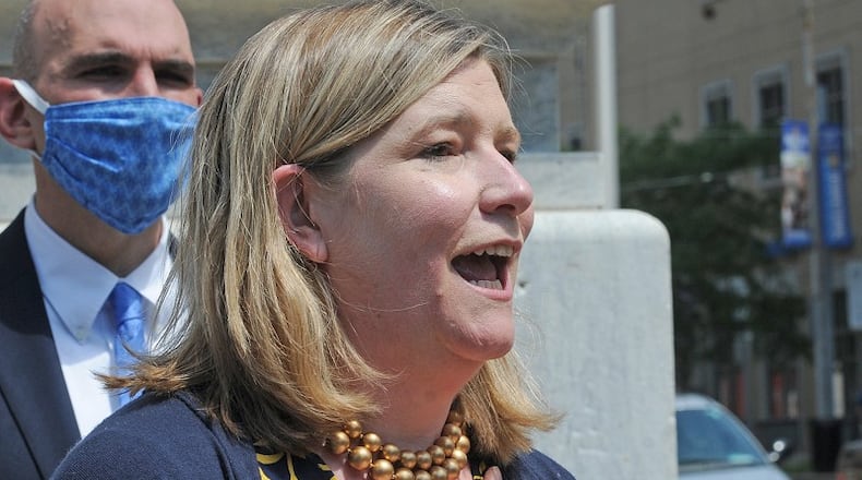 Dayton Mayor Nan Whaley talks at a press conference earlier this month. STAFF