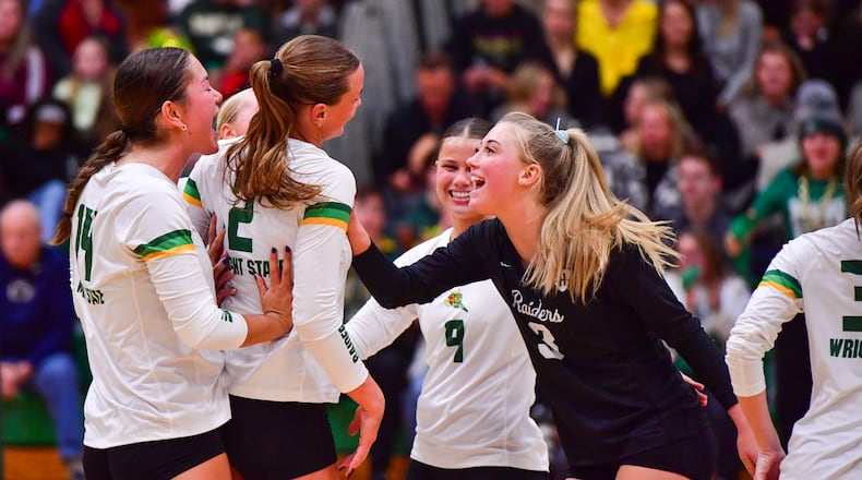 The Wright State University volleyball team celebrates during a recent match against Northern Kentucky at McLin Gym. JOSEPH R. CRAVEN / CONTRIBUTED PHOTO