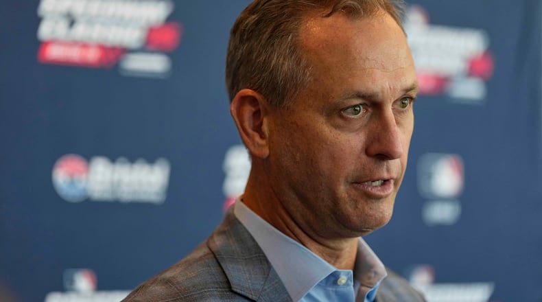 FILE - Derek Schiller, president and CEO of the Atlanta Braves, speaks during a news conference about the Speedway Classic baseball game, Tuesday, April 22, 2025, in Nashville, Tenn. (AP Photo/George Walker IV, File)