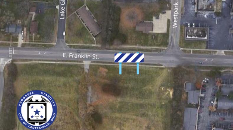 One lane of East Franklin Street between Lake Glen Court and Westpark Road is scheduled to close starting Monday, Feb. 13, 2023, and lasting into mid-week, according the city of Centerville.