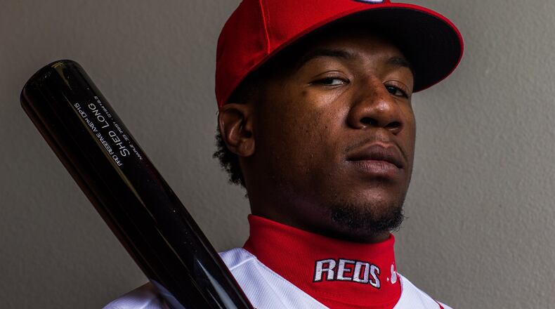 GGOODYEAR, AZ - FEBRUARY 20: Shed Long #75 of the Cincinnati Reds poses for a portrait at the Cincinnati Reds Player Development Complex on February 20, 2018 in Goodyear, Arizona. (Photo by Rob Tringali/Getty Images)