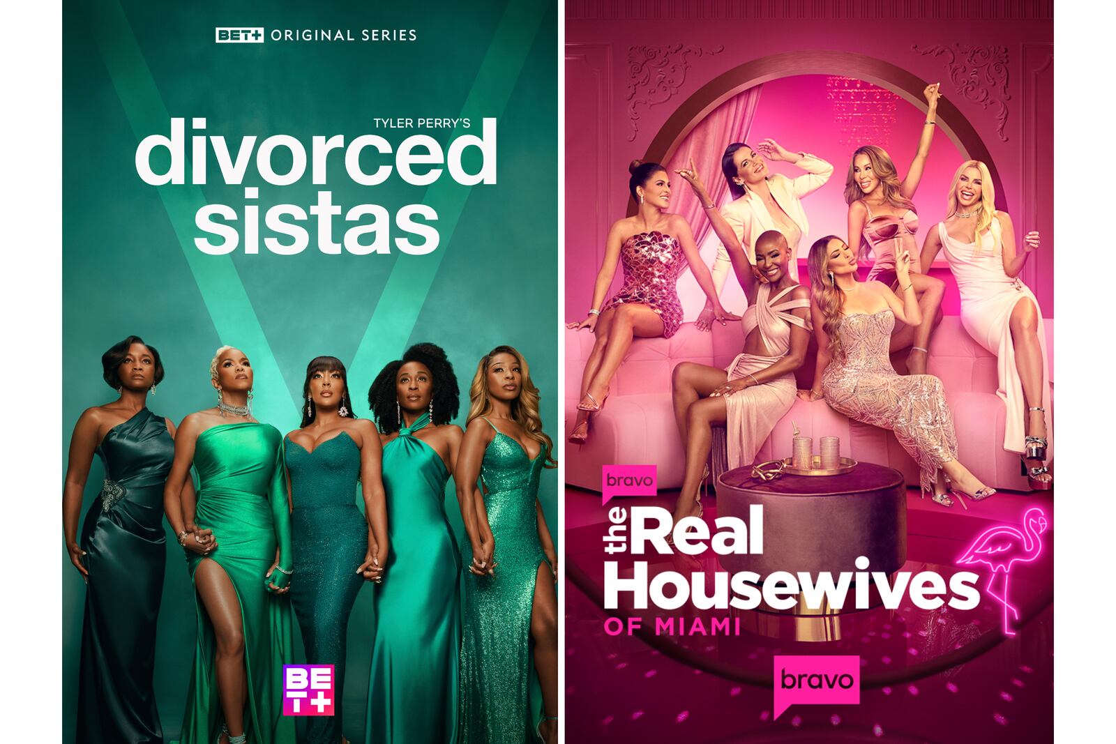 This combination of images shows promotional art for "Divorced Sistas," left, and "The Real Housewives of Miami." (BET+/Bravo via AP)