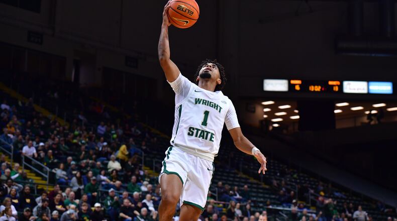 Wright State's Trey Calvin shoots a layup during a game earlier this season vs. Toledo. Calvin scored 20 points Thursday night in a win over Bethel at the Nutter Center. Wright State Athletics photo