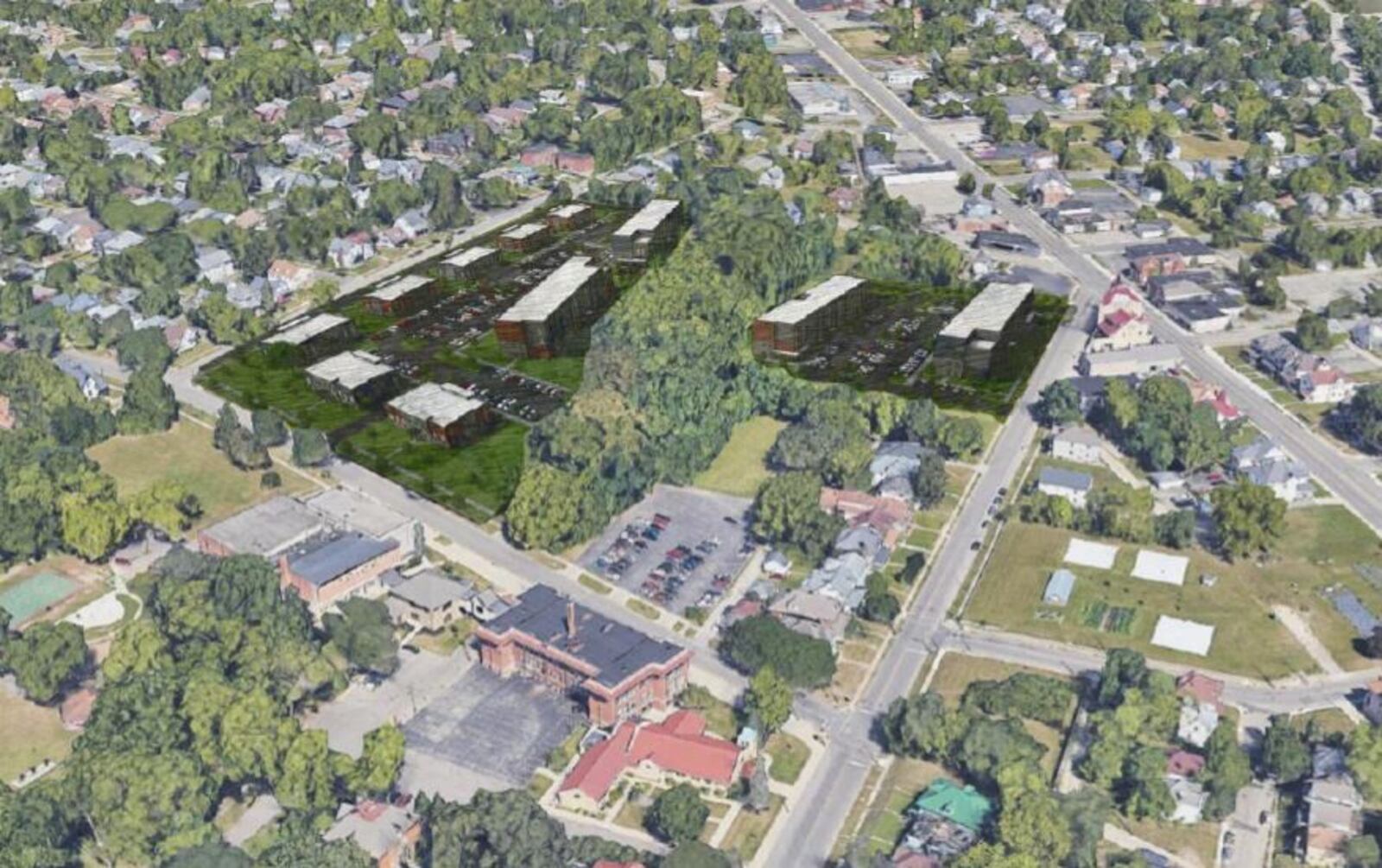 A conceptual site plan for the former Julienne High School and Hampton Square Apartment properties in the Five Oaks neighborhood. Magnus Capital Partners plans to create new workforce housing in northwest Dayton. CONTRIBUTED