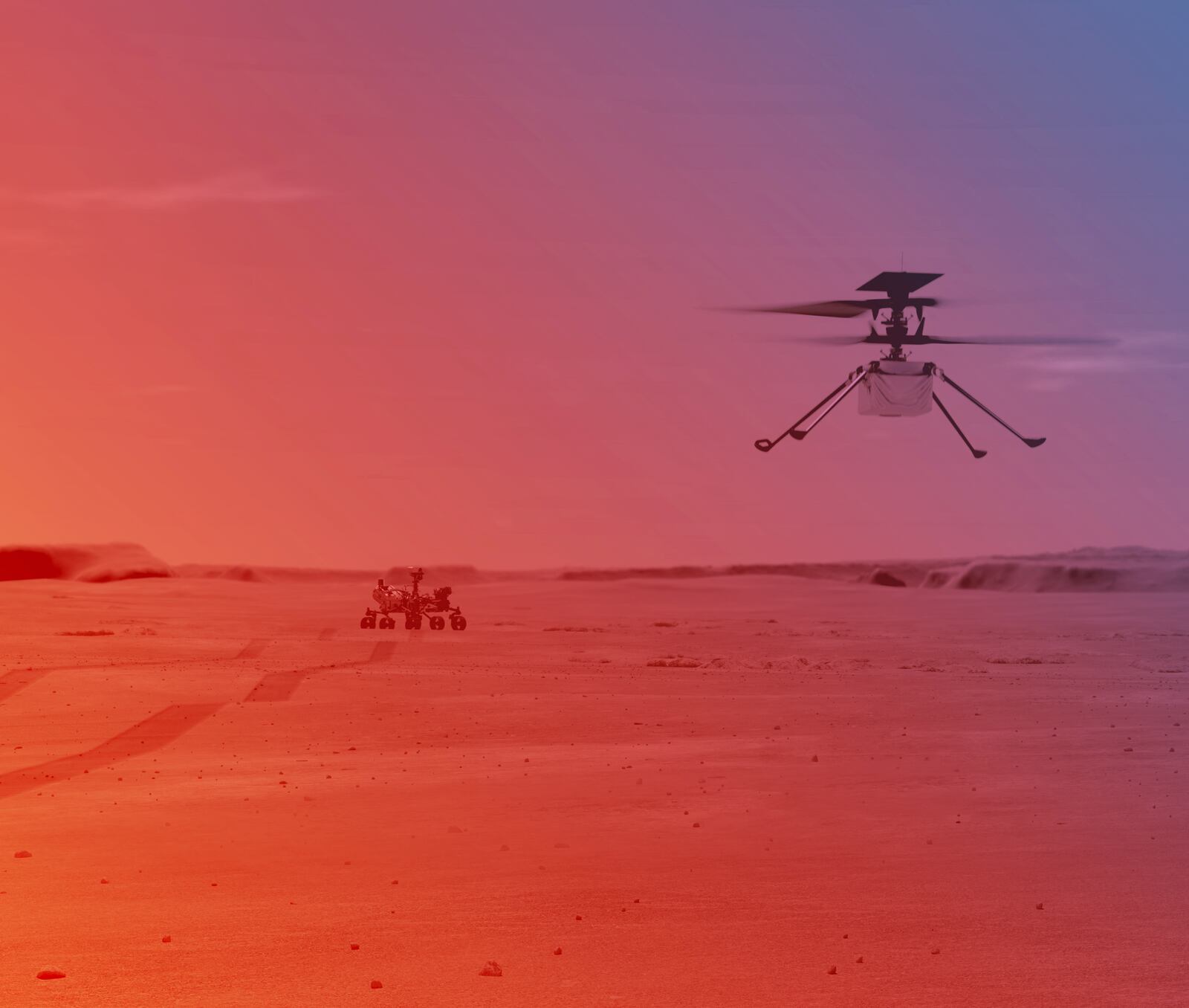 A NASA rendering of the Ingenuity helicopter flying from the Perseverance rover.