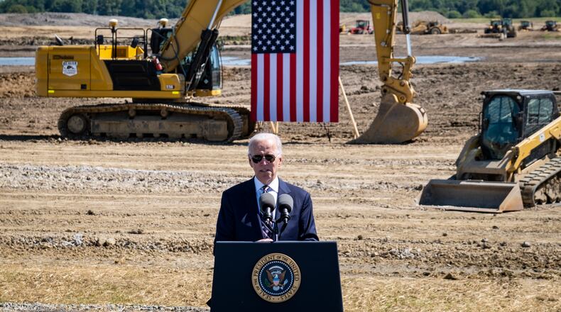 FILE -- President Joe Biden delivers remarks at the site of a new Intel semiconductor manufacturing plant in New Albany, Ohio, Sept. 9, 2022. During his State of the Union address on Feb. 7, Biden pointed to the jobs that the plant will produce. (Pete Marovich/The New York Times)