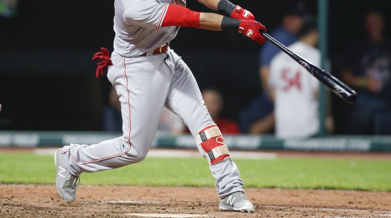 CLEVELAND, OH - JULY 10: Jose Peraza #9 of the Cincinnati Reds hits an RBI single off Cody Allen #37 of the Cleveland Indians during the ninth inning at Progressive Field on July 10, 2018 in Cleveland, Ohio. The Reds defeated the Indians 7-4. (Photo by Ron Schwane/Getty Images)