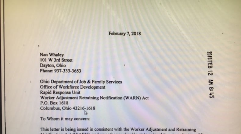 DP&L’s layoffs letter to the state and Dayton Mayor Nan Whaley. THOMAS GNAU/STAFF
