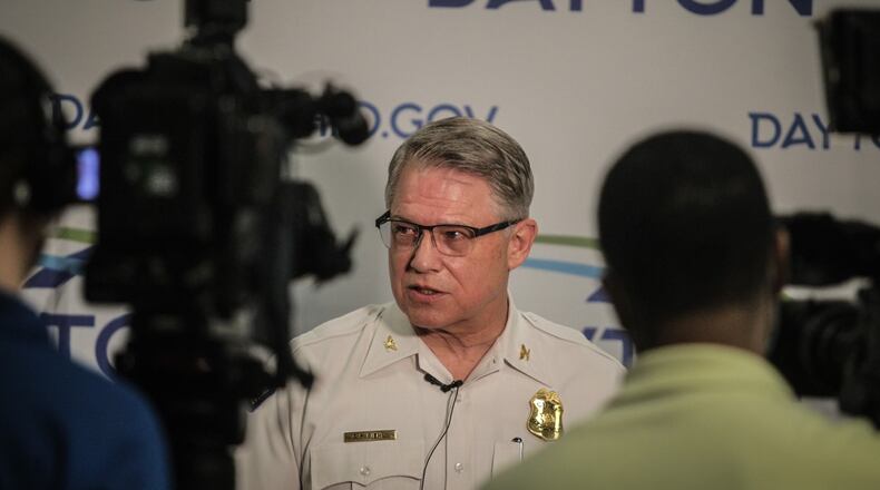 Dayton Police Chief, Richard Biehl talks to the press Monday May 24, 2021 at the city hall council chambers. JIM NOELKER/STAFF