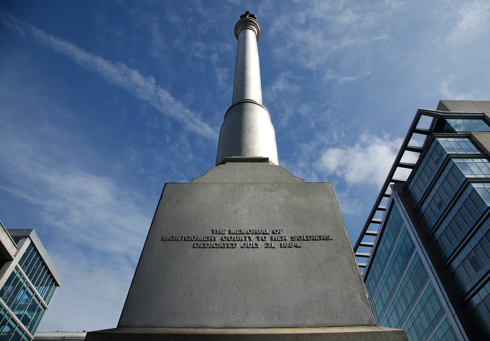 This Civil War Soldiers Monument is located on Main Street in downtown Dayton and includes a bronze reproduction of originally marble sculpted Pvt. Geroge Washington Fair.   TY GREENLEES / STAFF