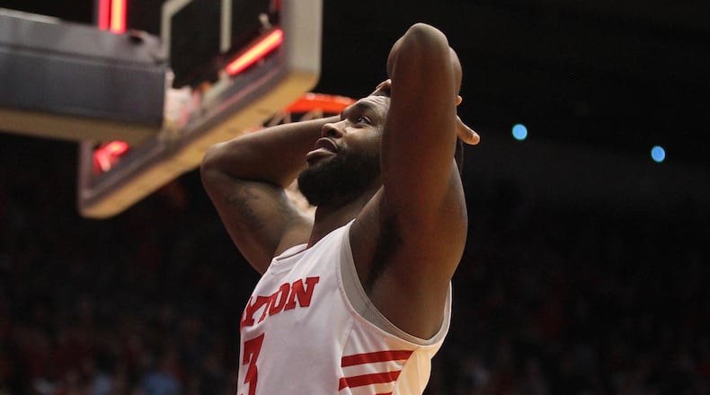 Dayton’s Trey Landers reacts after a loss to Rhode Island on Friday, March 1, 2019, at UD Arena. David Jablonski/Staff