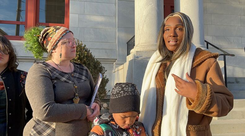 Viridis Green and Alice Wood, members of the Dayton Tenant Union, on Wednesday, Nov. 1, 2023, talk about the need for more funding to improve housing conditions in Dayton. They also are urging the city to improve tenant protections and assistance. CORNELIUS FROLIK / STAFF