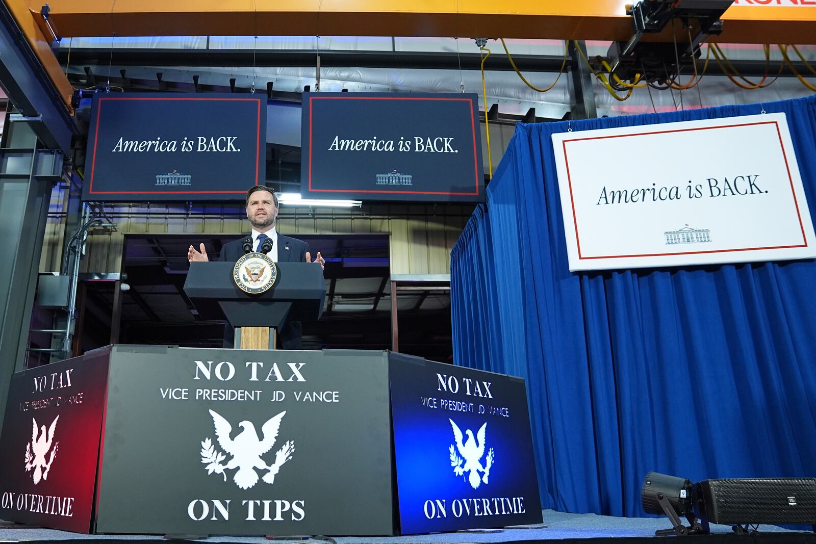 Vice President JD Vance speaks at Don's Machine Shop in West Pittston, Pa., Wednesday, July 16, 2025. (AP Photo/Matt Rourke)