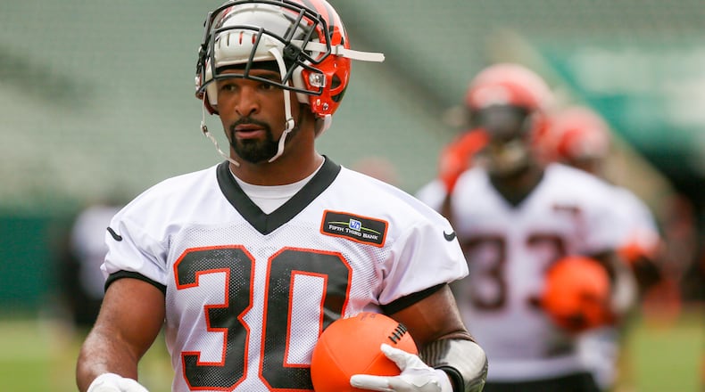 Bengals running back Cedric Peerman (30) participates in a team practice at Paul Brown Stadium, Tuesday, June 13, 2017. GREG LYNCH / STAFF