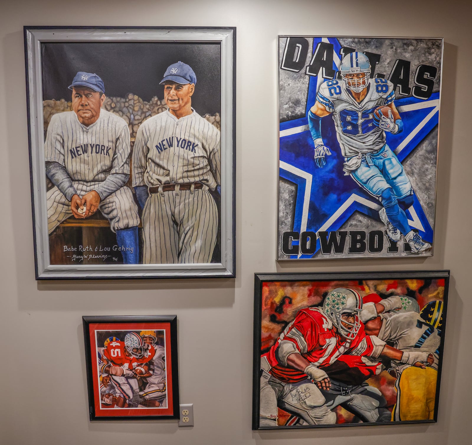 Gary Blevin's painting of New York Yankee Legends Babe Ruth and Lou Gehrig, top left, Dallas Cowboys former tight end Jason Witten, top right, and Ohio State football legends Archie Griffin and John Hicks, bottom left and right, respectively, hang on a wall in a room of Blevin's art gallery on Thursday, December 18, 2025, in Springfield. JOSEPH COOKE/STAFF
