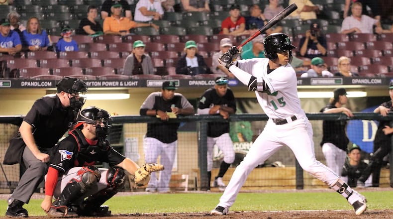 Daytonâs Jose Garcia bats during Tuesday nightâs game vs. Lansing at Fifth Third Field. Michael Cooper/CONTRIBUTED