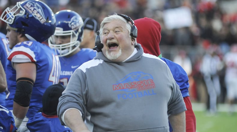 Massie coach Dan McSurley. Steubenville defeated Clinton-Massie 50-36 to win a D-IV high school football state championship at Canton on Saturday, Dec. 2, 2017. MARC PENDLETON / STAFF
