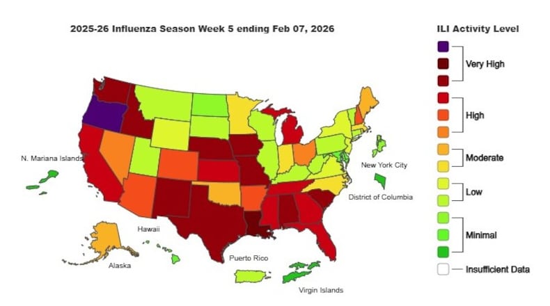 This is the weekly Outpatient Respiratory Illness Activity map from the CDC, for the week ending Feb. 7, 2026.
