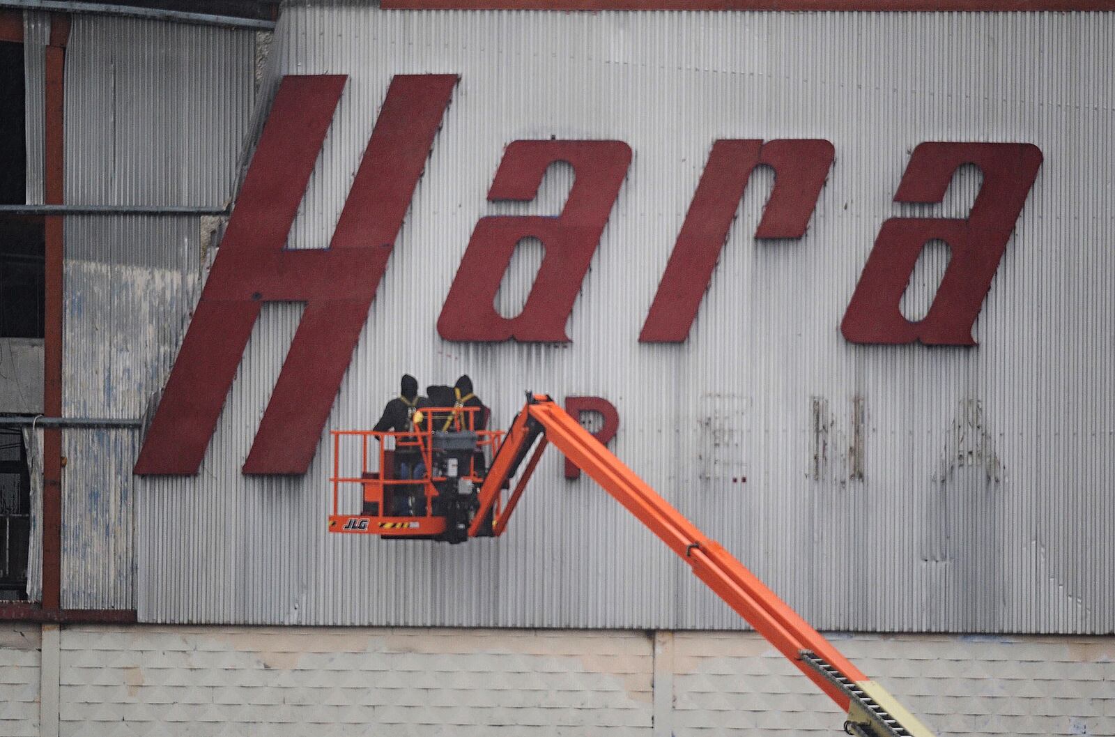 Demolition continues on the old Hara Arena complex. On Wednesday morning, Nov. 25, 2020, crews started removing the letters off the front of the building. MARSHALL GORBY\STAFF 