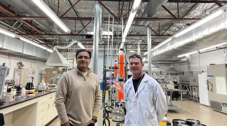 Raj Mosali (left) is founder and CEO of HypernovaTN in Kettering. He and John Cooper (right) are among three employees of the business, which is licensed by Ohio to extract a hemp oil used to treat a variety of ailments. CONTRIBUTED