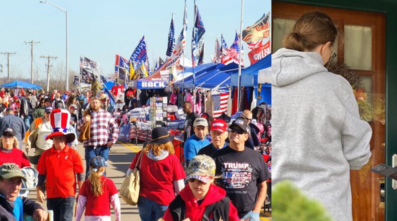 Crowds of people (left) arrive near the Dayton airport for Donald Trump's Monday rally in support of Republican candidates, while Democratic supporters were out this weekend going door-to-door in support of their own candidates. Staff photos by Nick Graham (left) and Aimee Hancock (right)