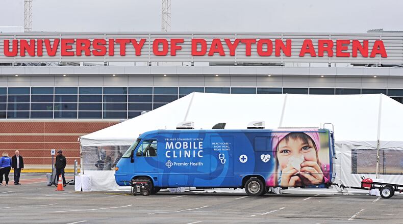 Mobile health clinic set up University of Dayton Arena. People with doctor's order can get tested for coronavirus at UD Arena parking lot in Dayton starting on Tuesday, March 17, 2020. Premier Health is collaborating with the UD to set up a specimen collection site from 10 a.m. to 6 p.m. daily. Staff photo: Marshall Gorby