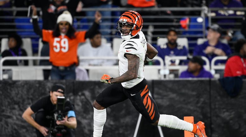 Cincinnati Bengals wide receiver Ja'Marr Chase runs for a 67-yard touchdown during the second half of an NFL football game against the Baltimore Ravens, Thursday, Nov. 7, 2024, in Baltimore. (AP Photo/Nick Wass)