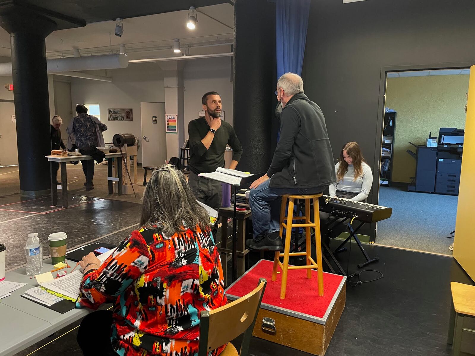 John Moore (Sweeney Todd) discusses "Epiphany" with Dayton Philharmonic Orchestra Artistic Director and Conductor Neal Gittleman during rehearsals for Dayton Opera's production of "Sweeney Todd: The Demon Barber of Fleet Street." PHOTO BY DIANE SCHOEFFLER-WARREN
